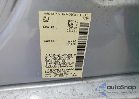 2020 Nissan Altima Sr из США, поврежденный, VIN 1N4BL4CV8LN316600